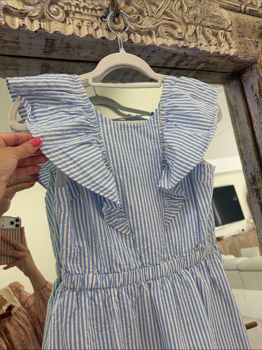 Crewcuts Blue & White Striped Ruffle-Shoulder Casual Dress - Picture 4 of 5